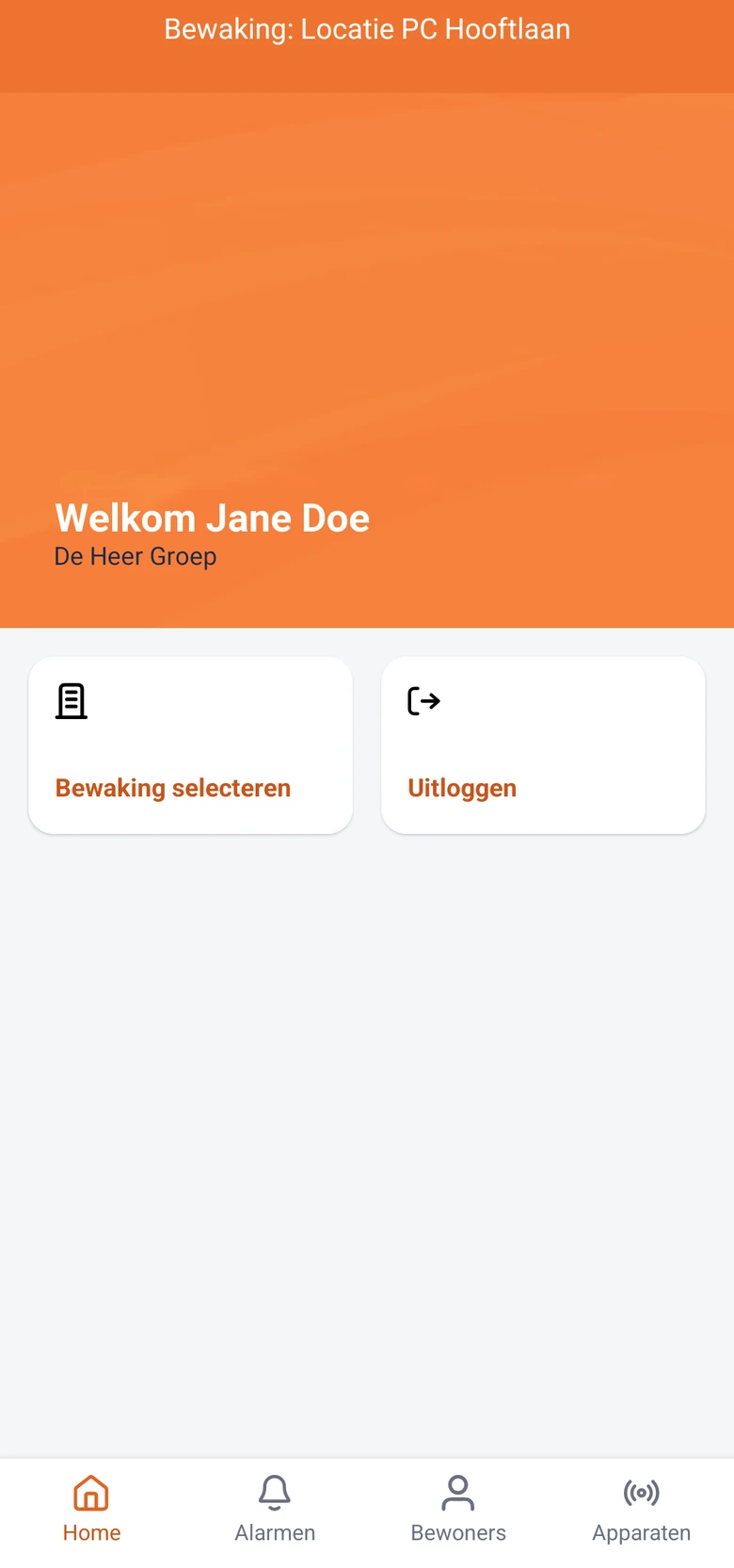 Daza Connect app: home screen with the Select monitoring button and the Alarms, Residents and Devices tabs